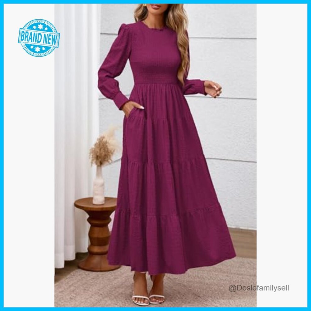 Elegant Swiss Dot Maxi Dress Smocked Waist Long Sleeve Formal Wedding Guest - Picture 4 of 7